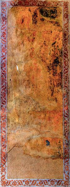 بافت دیوار فرسکو شده و آسیب‌دیده با حاشیه اسلیمی کاخ چهلستون