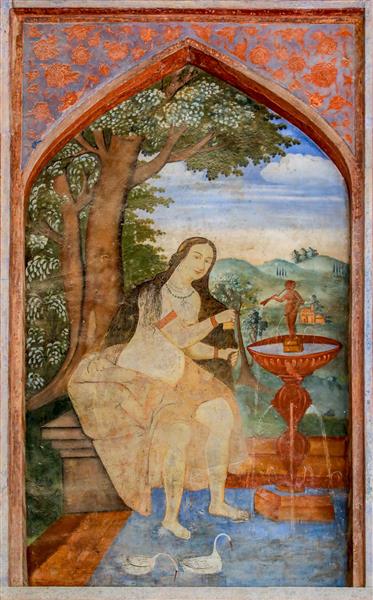 نقاشی دیواری زن در باغ کنار حوض و فواره کاخ چهلستون اصفهان