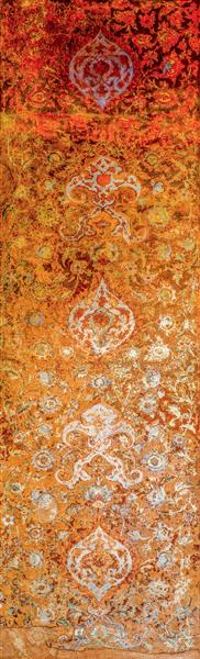 الگوی عمودی نقوش اسلیمی و ختایی فرسکو (Fresco) با زمینه نارنجی و طلایی