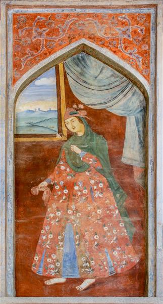 نقاشی زن ایرانی با لباس گُل‌دار در طاق‌نمای چهلستون، منظره شهر در پس‌زمینه