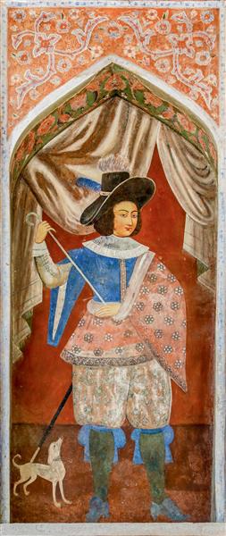 نقاشی مرد اشرافی با چوب‌دستی و سگ شکاری در دوره صفوی، کاخ چهلستون