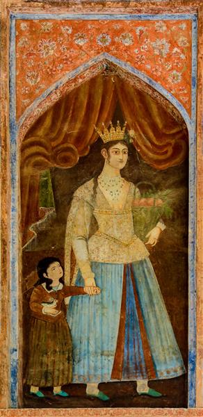 نقاشی شاهزاده زن با تاج و کودک در آغوش در کاخ چهلستون اصفهان