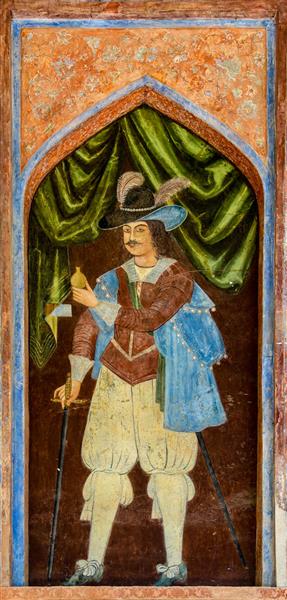 نقاشی پرتره مرد با کلاه پردار و لباس دوره صفوی در کاخ چهلستون اصفهان