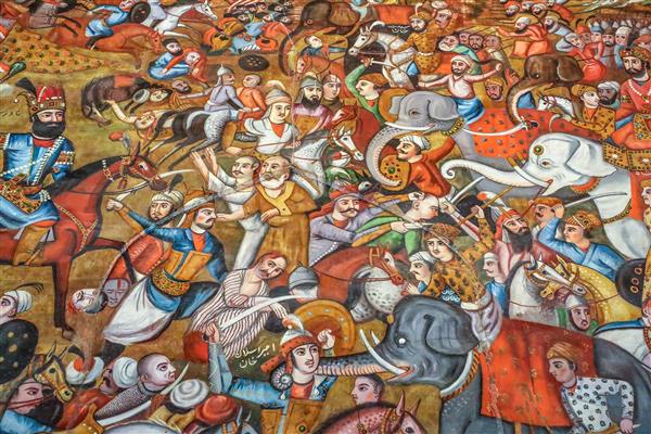 نقاشی باکیفیت نبرد بزرگ جنگ شاه عباس با ازبکان یا هندیان با جزئیات فیل در چهلستون