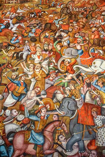 نقاشی باکیفیت نبرد کرنال یا چالدران با جزئیات سربازان و فیل‌های جنگی در چهلستون