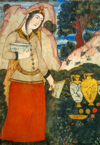 تصویر زن صفوی (ساقی) ایستاده با جام و کوزه‌های چینی و طلایی در نقاشی چهلستون