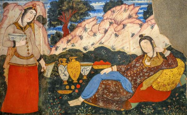 نقاشی بزم دو دلبر صفوی، ساقی ایستاده و دیگری لمیده در طبیعت چهلستون