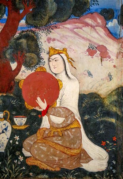 نقاشی دو زن صفوی با دف بزرگ و کوزه در طبیعت چهلستون اصفهان (موسیقی و بزم)