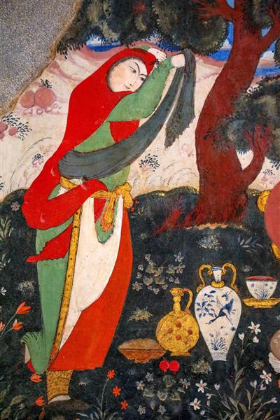 تصویر دلبر صفوی با لباس سبز و قرمز در حال جمع کردن گل‌ها در فضای سبز چهلستون