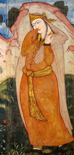 نقاشی باکیفیت زن صفوی با پوشش بلند نارنجی و شال طلایی روی دیوار چهلستون