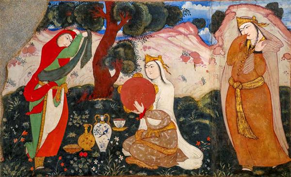 عکس نقاشی سه دلبر صفوی با جام و کوزه در فضای باز چهلستون برای استفاده در پوستر