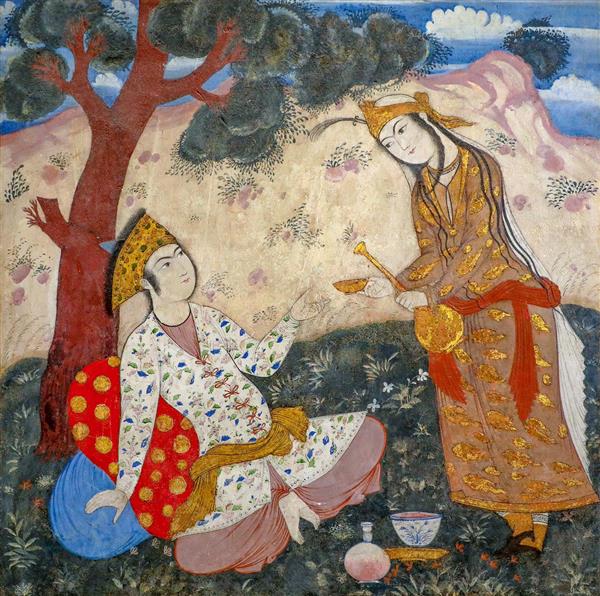 نقاشی دو دلبر صفوی (دلدار و ساقی) ایستاده و نشسته در فضای سبز چهلستون اصفهان