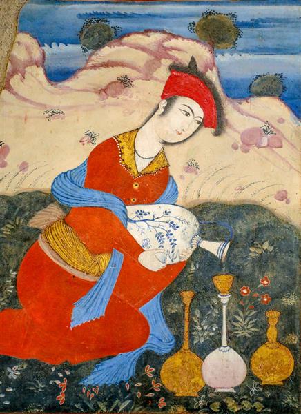 نقاشی دلبر صفوی با لباس قرمز و کوزه چینی در حال شراب ریختن روی دیوار چهلستون