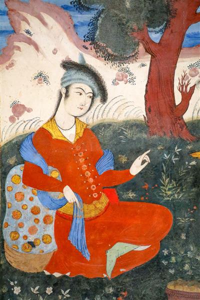 نقاشی باکیفیت مرد جوان صفوی با لباس قرمز در حال اشاره در طبیعت کاخ چهلستون اصفهان