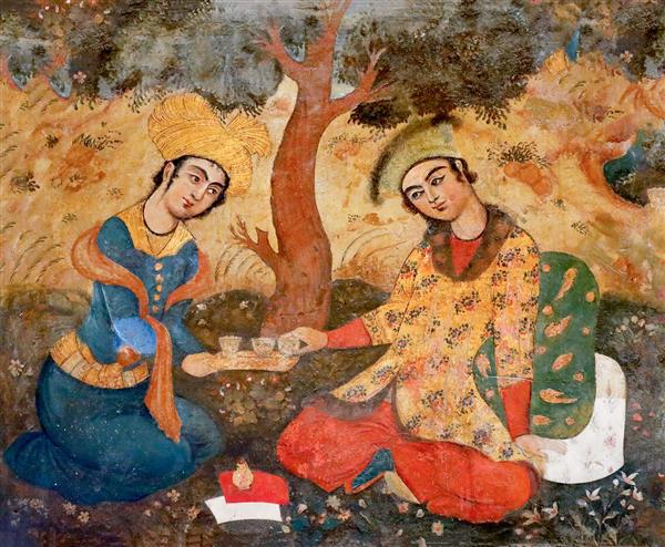 تصویر باکیفیت از نقاشی دو دلبر صفوی در حال تعارف نوشیدنی در فضای باز چهلستون