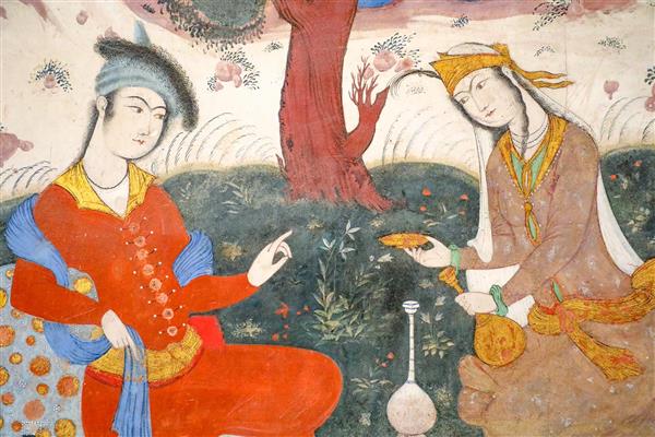 نقاشی مینیاتوری گفتگوی دلبر و ساقی صفوی در فضای سبز چهلستون اصفهان برای چاپ تابلو