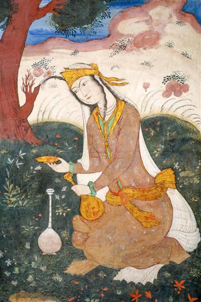 تصویر زن صفوی (دلبر) با لباس قهوه‌ای و ظرف شراب در دست در حال بزم در چهلستون