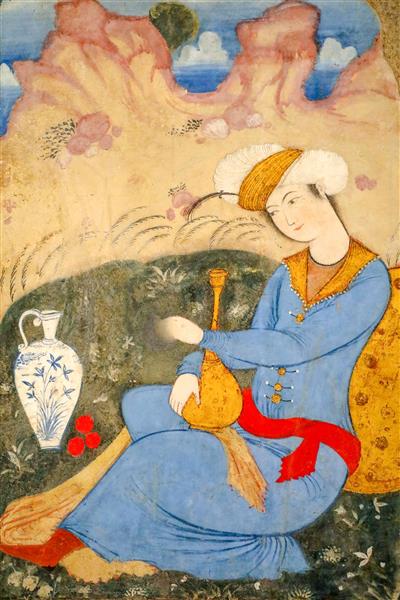 نقاشی دلبر صفوی با لباس آبی و کلاه سفید در حال نواختن بربط (یا تار) در چهلستون