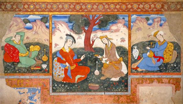 تصویر پانل‌های سه‌گانه نقاشی‌های دلبر و ساقی صفوی در فضای باز چهلستون برای دکوراسیون