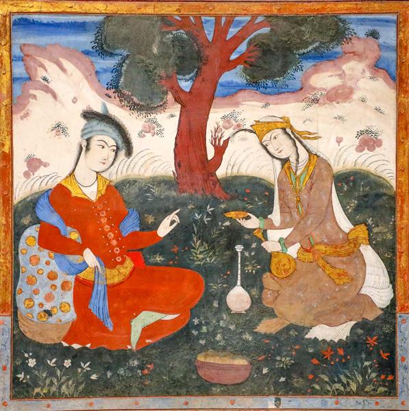 نگارگری دو دلبر صفوی (زن و مرد) در حال بزم و گفت‌وگو در فضای سبز چهلستون اصفهان