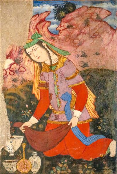 نقاشی مینیاتور زن صفوی (دلبر) با لباس بنفش و قرمز در حال جمع کردن گل‌ها در چهلستون اصفهان