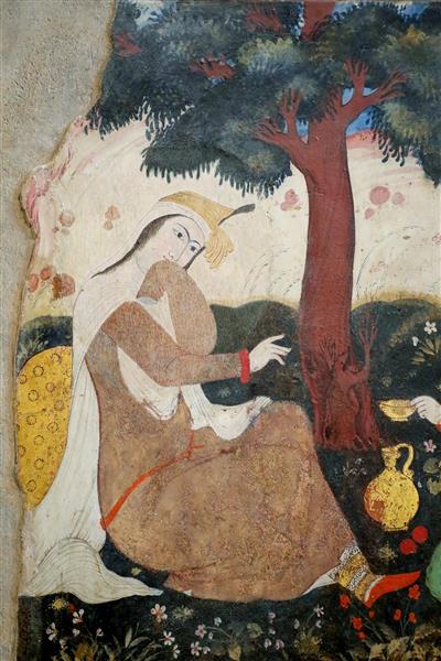 نقاشی زن (دلبر) صفوی با لباس قهوه‌ای در طبیعت و حالتی متفکرانه روی دیوار چهلستون