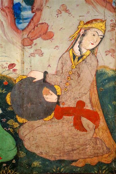 دانلود عکس نگارگری زن نوازنده دف با لباس صفوی در کاخ چهلستون اصفهان برای چاپ تابلو