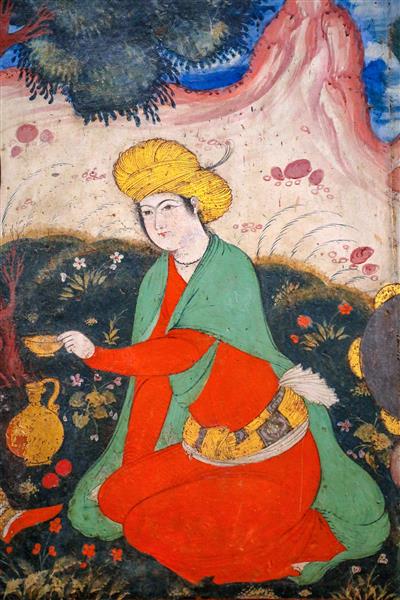 تصویر باکیفیت از نقاشی تک‌نگاره صفوی زن یا مرد جوان در حال نوشیدن در فضای سبز چهلستون