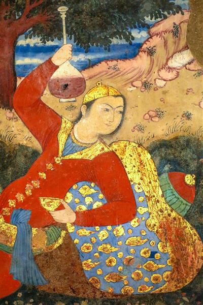 نقاشی مینیاتوری صفوی از بزم شاهی در طبیعت و ساقی با شیشه شراب در کاخ چهلستون اصفهان