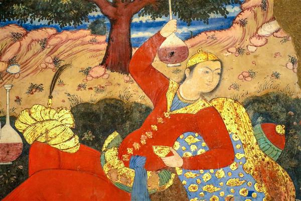جزئیات پرتره مرد صفوی (ساقی) در حال نوشیدن یا ریختن نوشیدنی