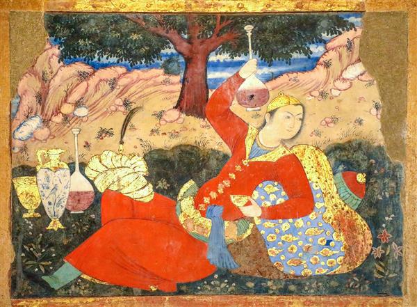 نقاشی بزم دو مرد صفوی با جام و بطری شراب در فضای باغ