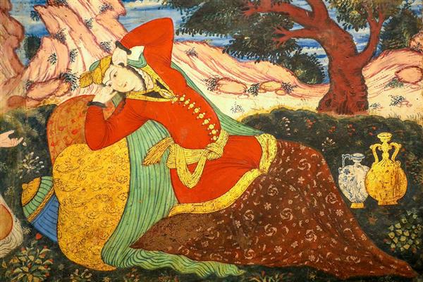 نقاشی مرد صفوی در بزم، دراز کشیده با لباس فاخر (مینیاتور)