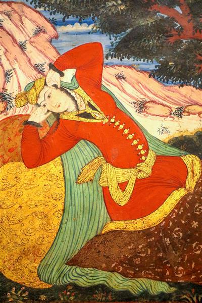 نقاشی مرد جوان صفوی با لباس قرمز و زرد در حال استراحت (مینیاتور)