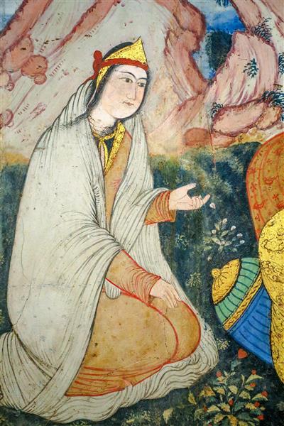 پرتره زن صفوی با پوشش سفید سنتی در فضای باغ (نگارگری چهلستون)