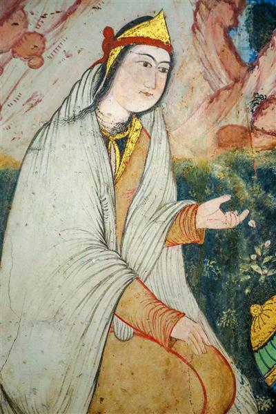 جزئیات پرتره زن صفوی با سرپوش سفید و لباس مجلل (مینیاتور)