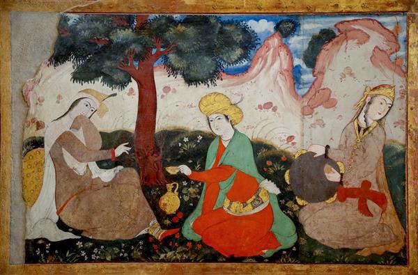 نقاشی بزم سه زن با ساز سنتی در فضای باغ (مینیاتور صفوی)