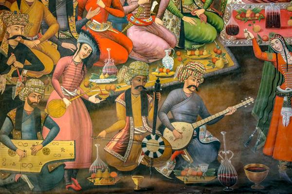 گروه نوازندگان در ضیافت چهلستون اصفهان – نقاشی دیواری صفوی