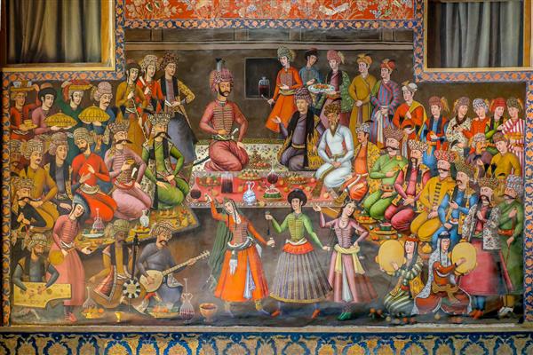 دیوارنگاره بزم شاهانه صفوی در عمارت چهلستون اصفهان – ضیافت و رقص