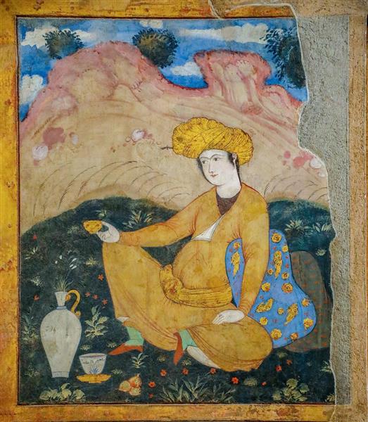 نگارگری صفوی چهلستون اصفهان – جوان گل به‌دست در باغ