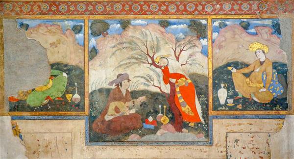 نقاشی دیواری سه‌تکه (تریپتیک) بزم و دیدار عاشقانه در کاخ چهلستون