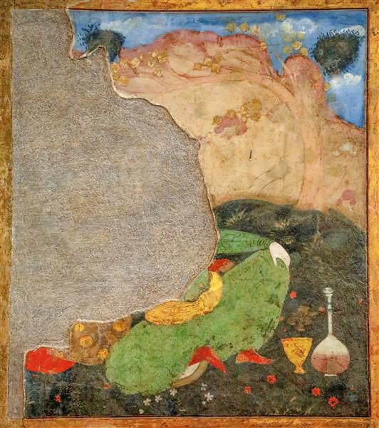 مینیاتور مرد صفوی (درویش) در حال استراحت در باغ (بخش فرسوده نقاشی)