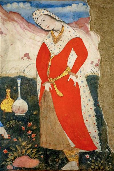 نگارگری زن با لباس قرمز و روسری سفید طرح‌دار در فضای باغ چهلستون