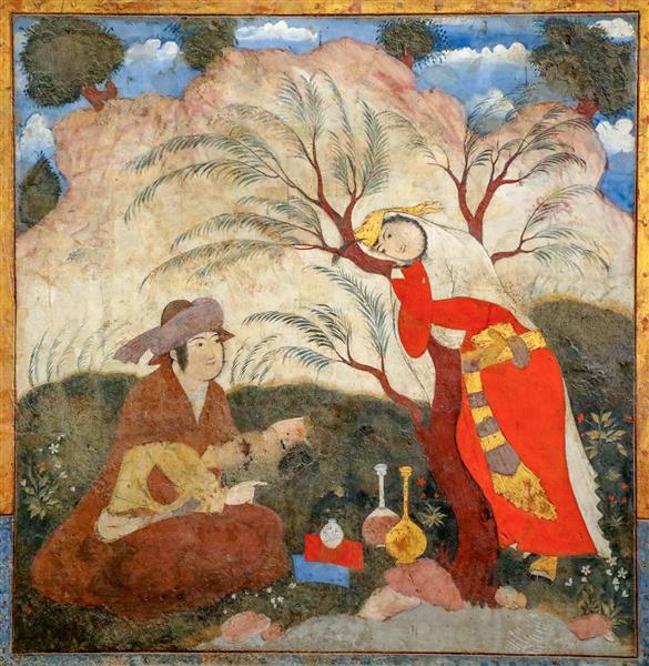 نقاشی زن و مرد درویش‌مسلک زیر درخت (صحنه بزم یا دیدار عاشقانه)