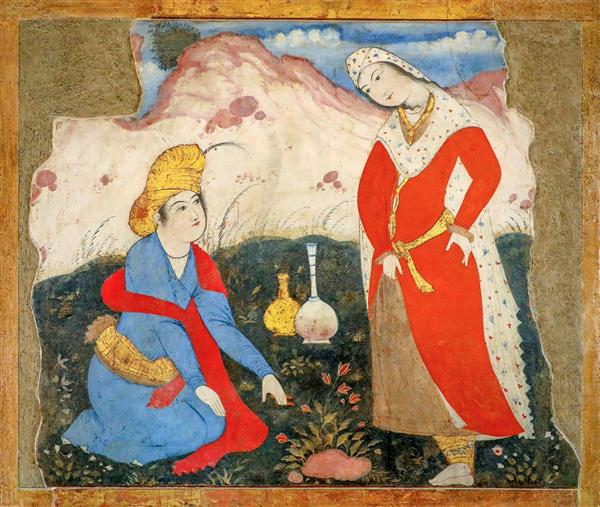 مینیاتور زن و مرد صفوی (معشوق و عاشق) در حال تبادل نگاه و بزم