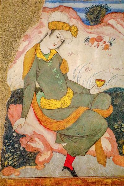 پرتره زن صفوی با لباس سبز و جام شراب در بزم باغ (نگارگری چهلستون)