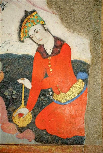 نقاشی زن صفوی (ساقی) با لباس قرمز در حال آماده‌سازی بزم در باغ