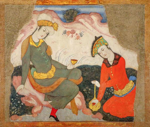 نقاشی زن و مرد صفوی (عاشق و معشوق) با جام شراب در باغ (مینیاتور)