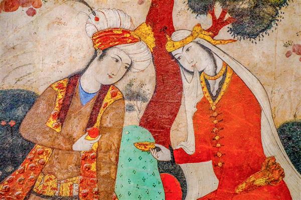 جزئیات نزدیک از چهره‌های نقاشی بزم عاشقانه زیر درخت چهلستون