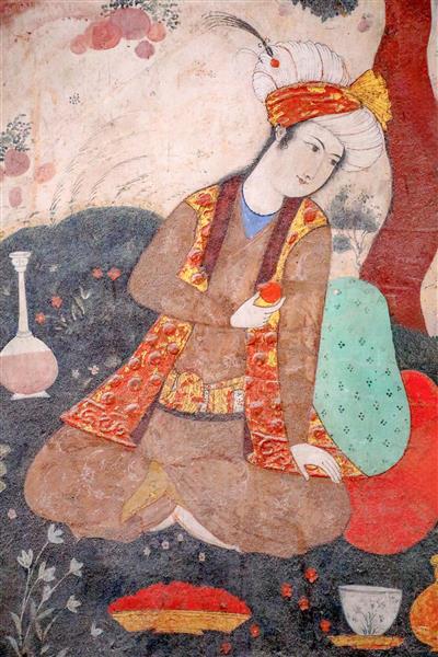 پرتره مرد صفوی با کلاه و لباس سنتی در فضای باغ (نگارگری چهلستون)