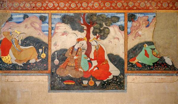 نقاشی دیواری سه‌تکه (تریپتیک) با موضوع بزم و شکار در طبیعت چهلستون